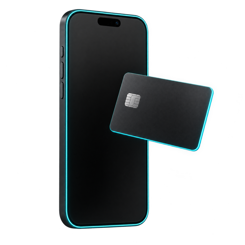 A matte black phone with a neon edge and a prepaid card beside it