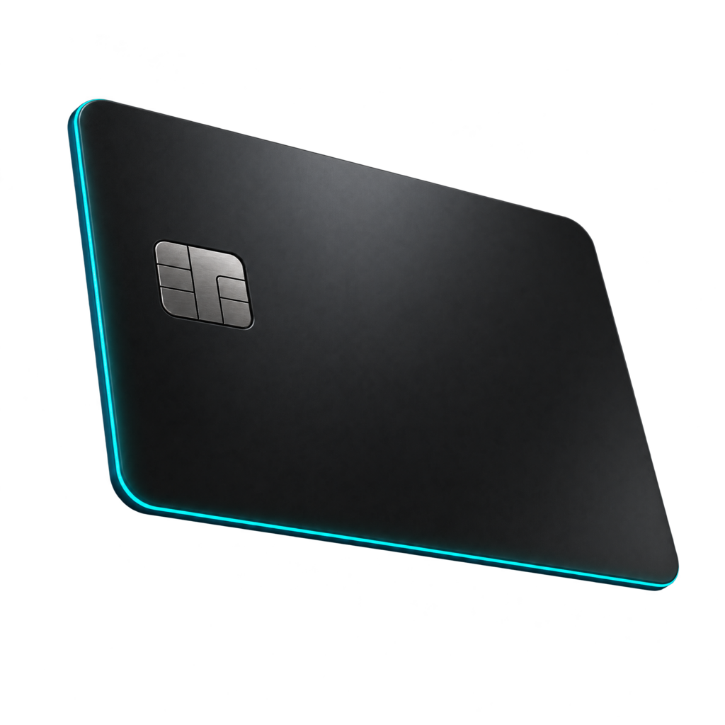 A matte black prepaid card with a neon edge light